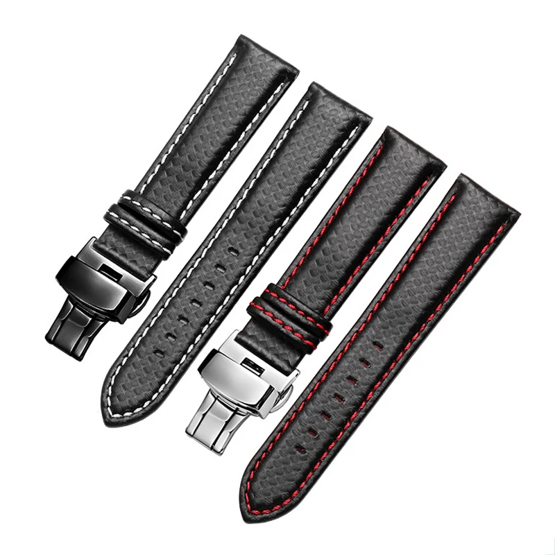 18mm 20mm 21mm 22mm 23mm 24mm Carbon Fiber Pattern Leather Watch Strap  Black Red Orange Stitching Watchband Men\'s watch accesso