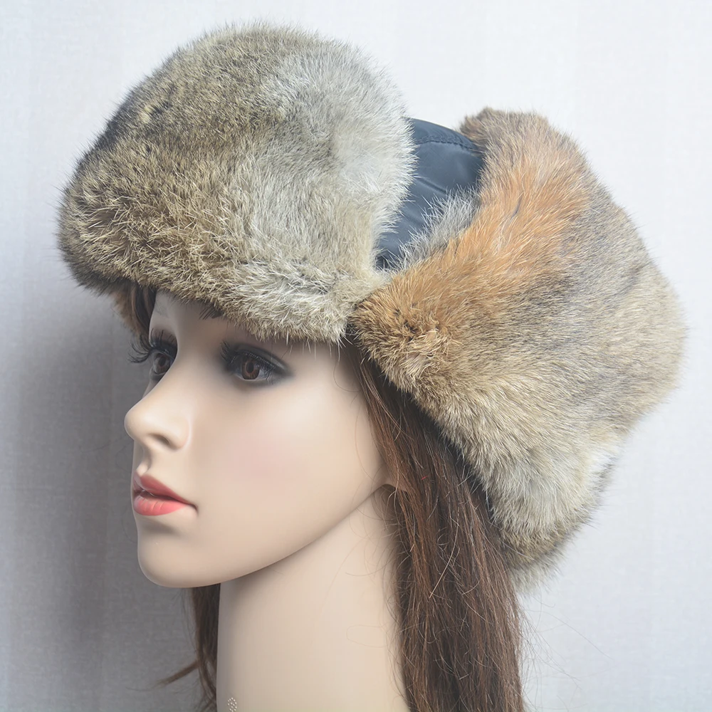 Outdoor Winter Warm Women Russian Ushanka Hat With Ear Flap Rabbit Fur Cap New Real Rabbit Fur Bomber Hats Hunter Hat Ski Hat