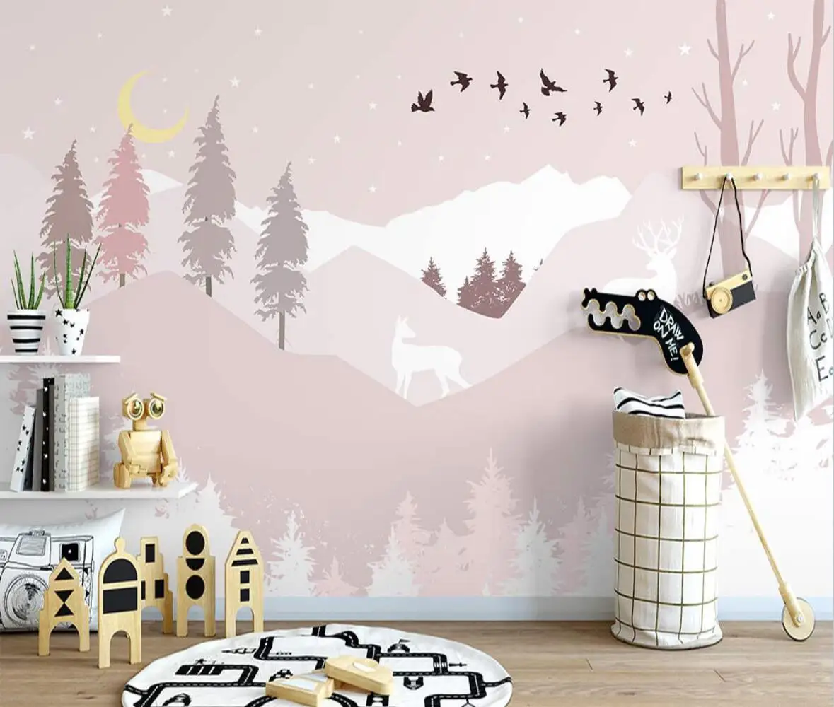 

Custom wall paper Nordic hand-painted forest deer cartoon mountain peak children's room indoor pink background wall 3d Wallpaper