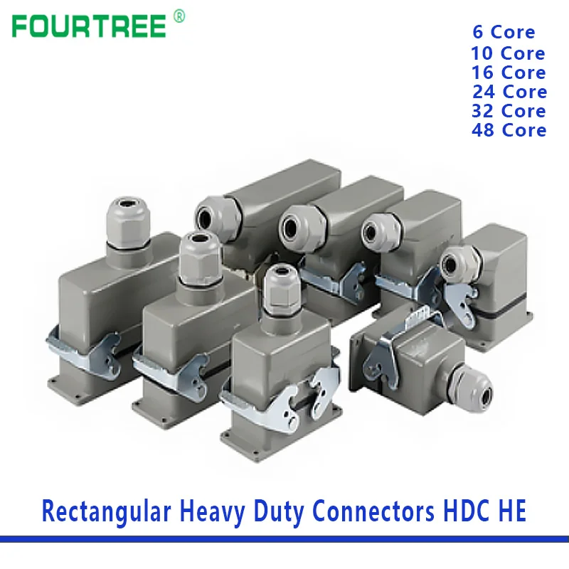 Rectangular Heavy Duty Connectors HDC-HE Industrial Waterproof Aviation Plug Socket 16A Top Side Outlet 6/10/16/24/32/48 Core