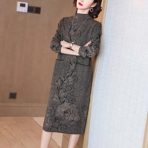 ZUOMANAutumn and Winter New Jacquard Knitted Dress Women Vintage Warm Mid-Calf Sweater Dress Lady Elegant Loose Turtleneck Dress