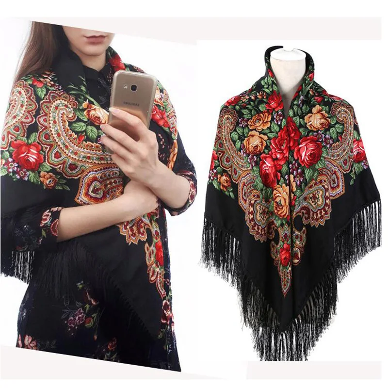 Babushka Ukrainian Scarves Russia Big Square Scarf Retro Floral Cotton Hair Head Wrap Hijab Tassel Scarf Winter Cotton Shawl