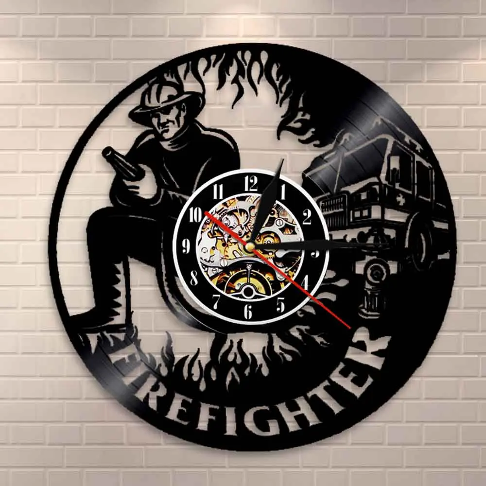 Firefighter Wall Clock Fire Fighting Fire Truck Home Decor Fireman Vinyl Record Wall Clock Wall Watch Fire Dept Firemen Gift