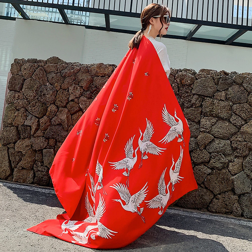 Bufanda de algodón con estampado de pájaros para mujer, chales cálidos de talla grande, protección solar, color rojo, Otoño, 2020