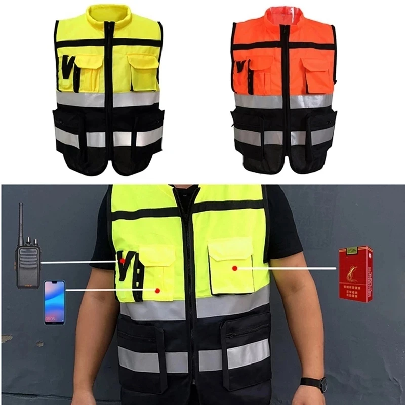 Chaleco de seguridad reflectante de alta visibilidad para hombre, ropa de trabajo con múltiples bolsillos, 4XL