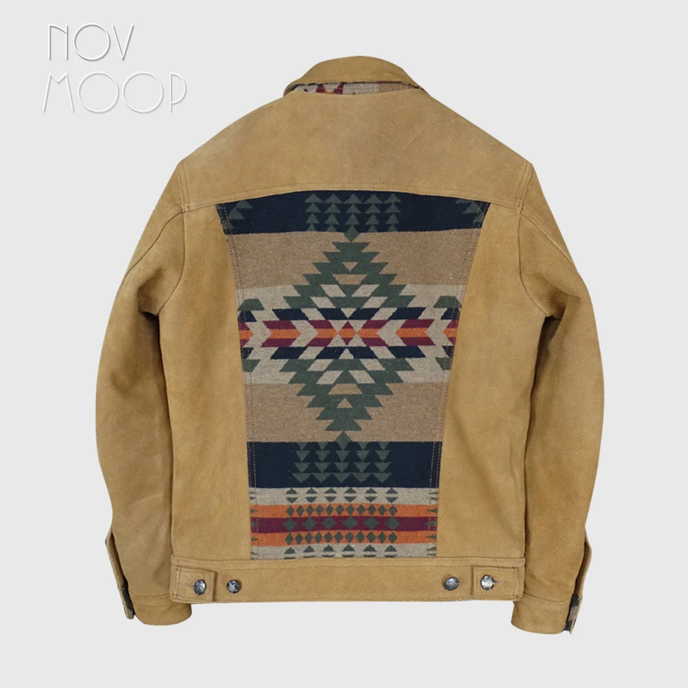 Novmoop tobacco color men's cow suade jacket patched with Navaho wool jacquard fabric vintage American indian style LT3482