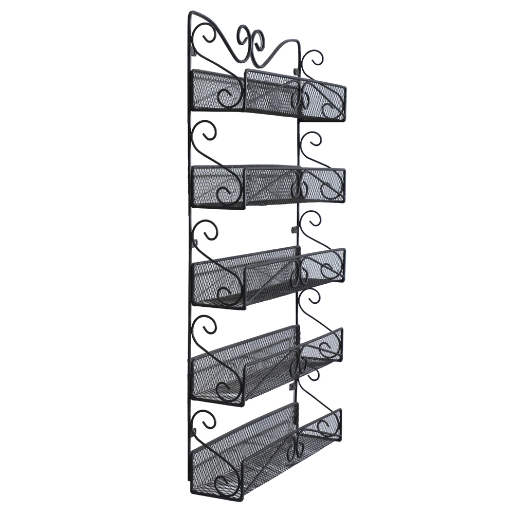 Wall Mounted Spice Rack Organizer 5 Tier Multi-Purpose Metal Storage Shelf Pattern Edge Black 40x9x68CM[US-Stock]