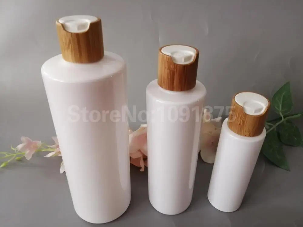 10pcs 100ml 120ml 150ml 200ml 250ml 300ml 500ml white empty plastic pet shampoo lotion bottle with bamboo disc top cap