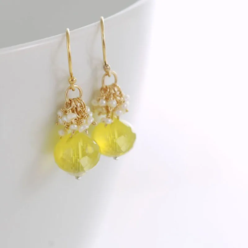 Yellow Gemstone Pearl Earrings Aquamarine Earrings Silver Pearls Earrings
