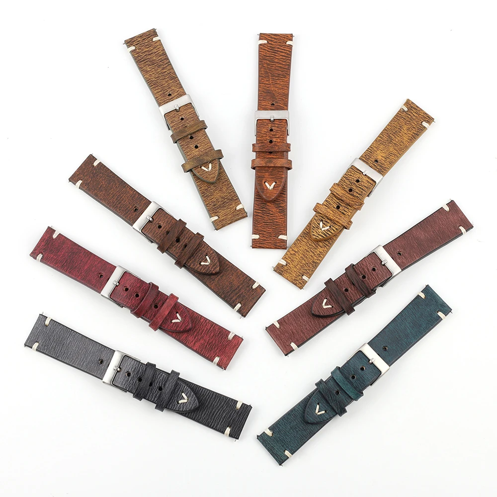 Onthelevel Leather Watch Band Handmade Vintage Watch Strap Stitching Design Wristband Calfskin Strap Blue Black Red #B