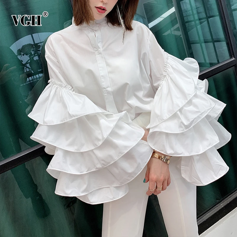 VGH Casual Patchwork Ruffles Women Shirts Stand Collar Lantern Long Sleeve Loose Blouses Female 2024 Summer Fashion Clothes New