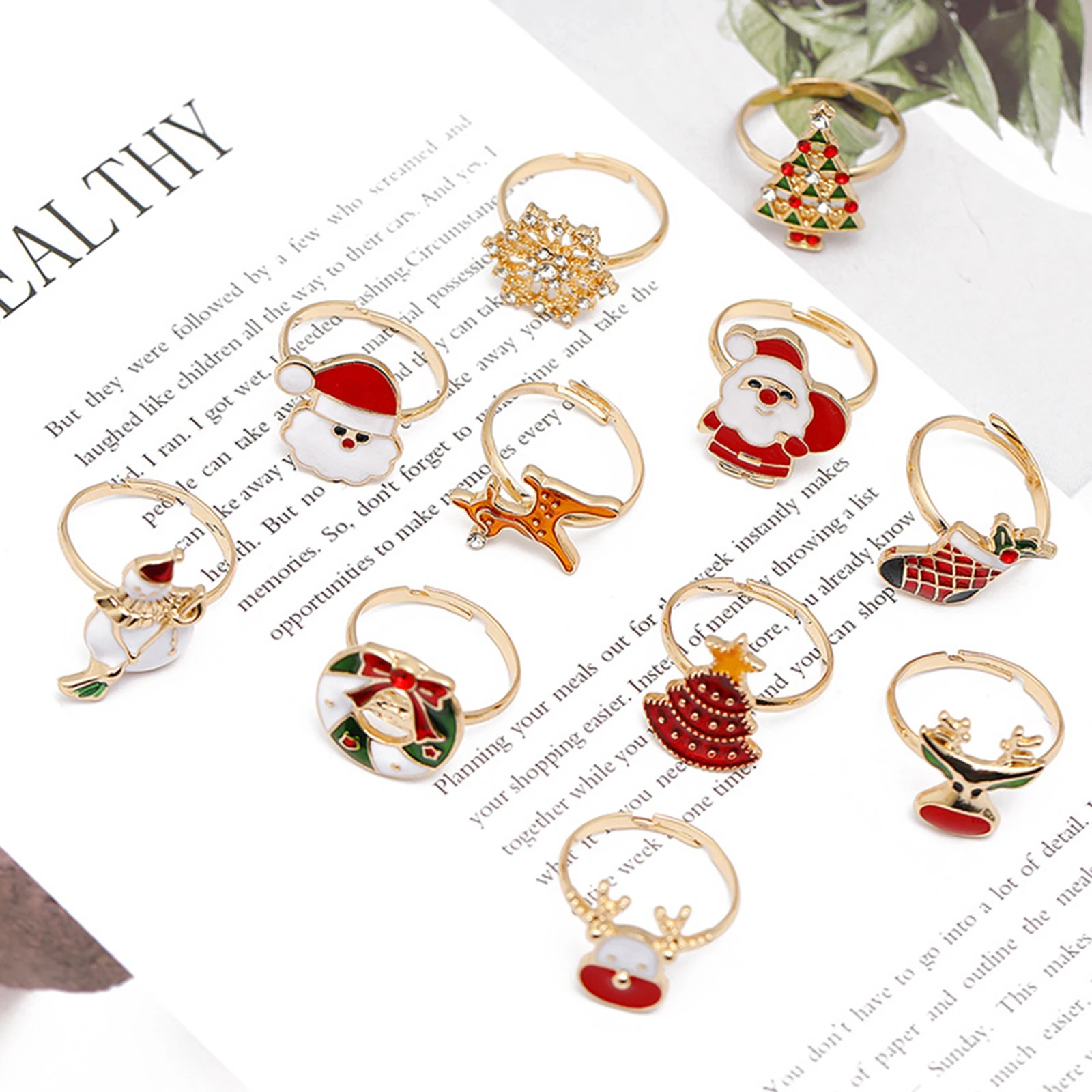 Christmas Enamel Open Adjustable Rings Gold Color Xmas Tree Reindeer Santa Claus Ring For Women Girls Party Jewelry Gifts 1piece