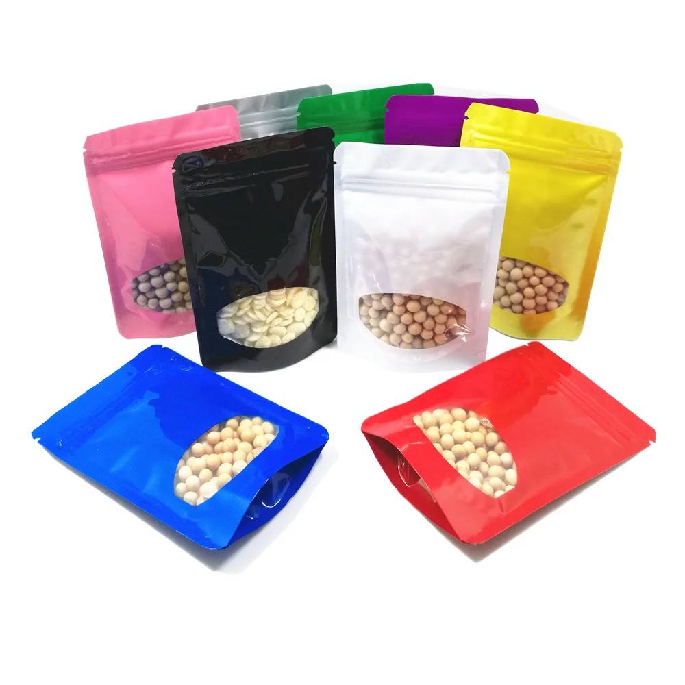 

100Pcs Self Seal Resealable Reusable Tear Notch Doypack Food Snack Glossy Aluminum Foil Zip Lock Stand Up Bag with Clear Window