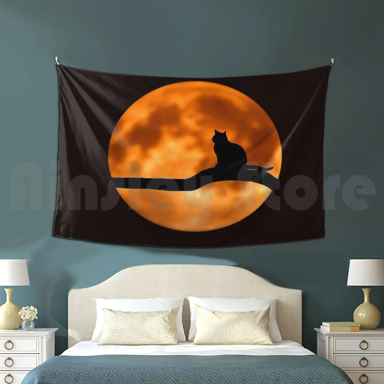 Black Cat Tapestry Living Room Bedroom Black Cat Witch Halloween Moon Magic Pumpkins