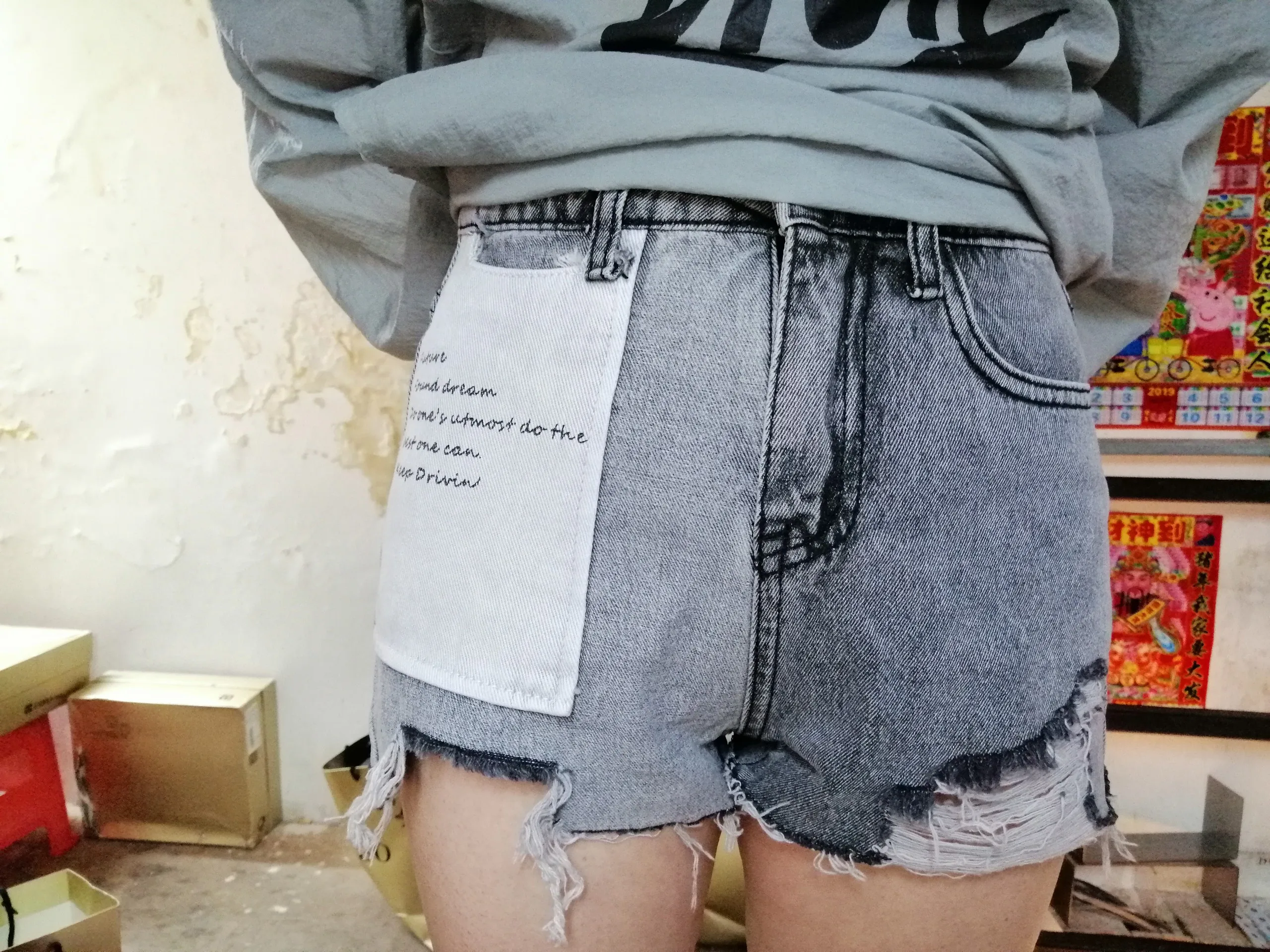 !Hole denim shorts women summer 2022 new high waist hit color stitching loose jeans shorts