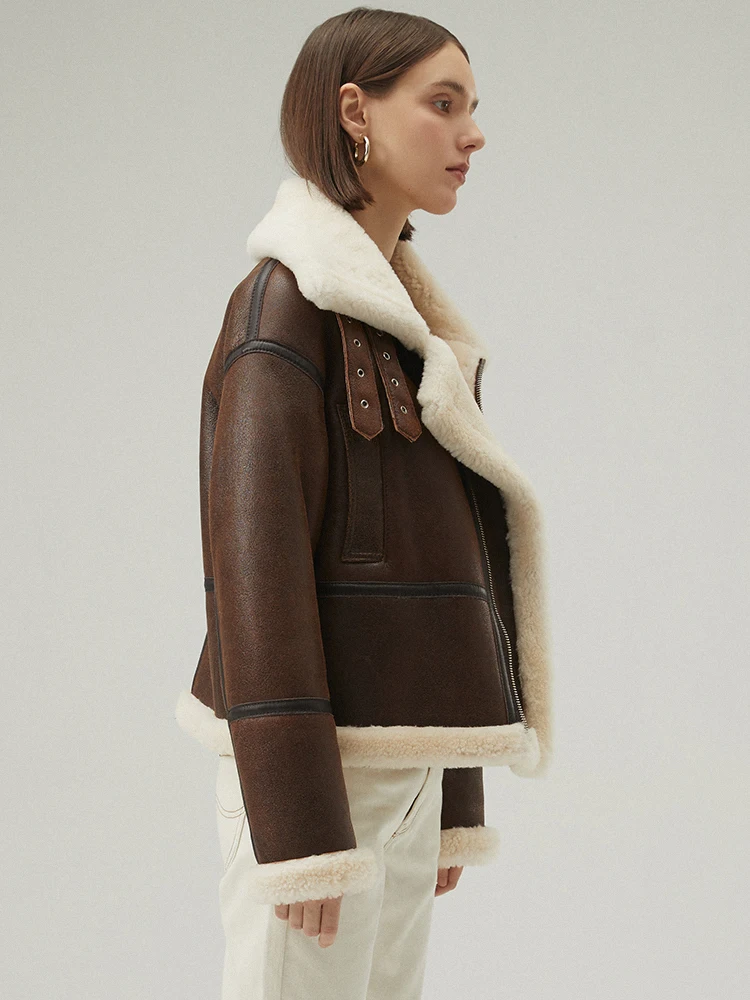 Nieuwe Womens Shearling Jas Korte Bontjas Bruin Lederen Jas Dikker Wollen Jas Winter Motorjas