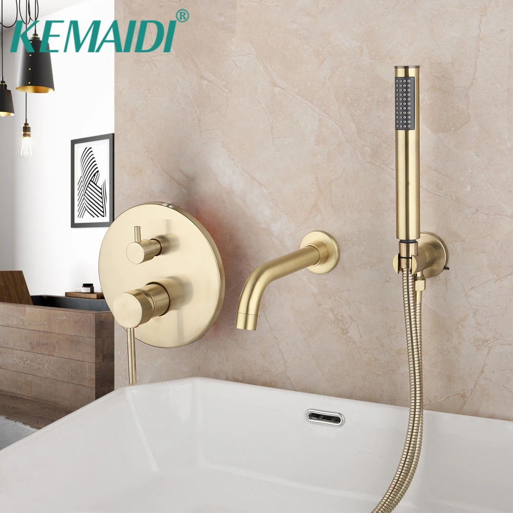 

KEMAIDI Brush Gold Shower Faucet Mixer Golden Plated Wall Mounted Bathtub 2 Functions Bathroom Faucet Shower Set W/ Hand Spray