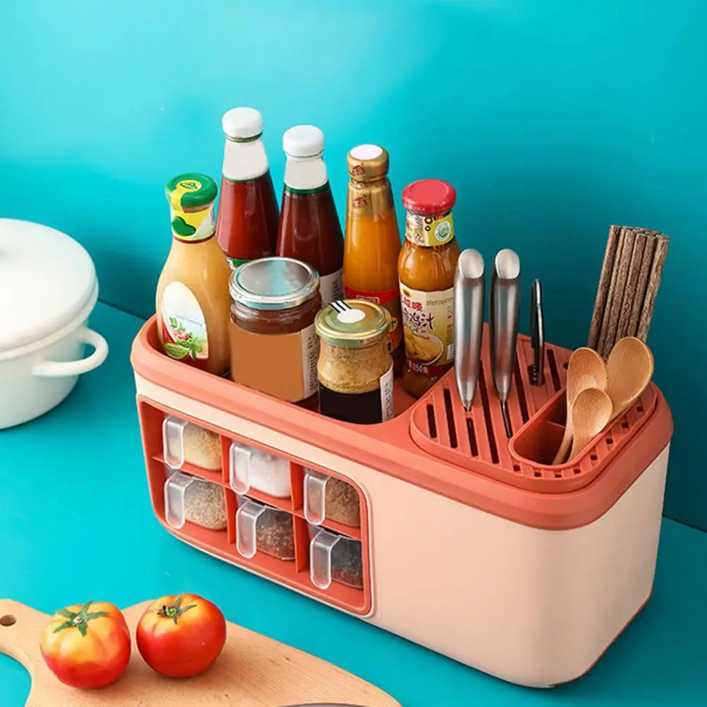 No-punch Kitchen Storage Box Multi-use Individual Compartment Waterproof Double Layer Chopsticks Seasoning Jar Organizer Box