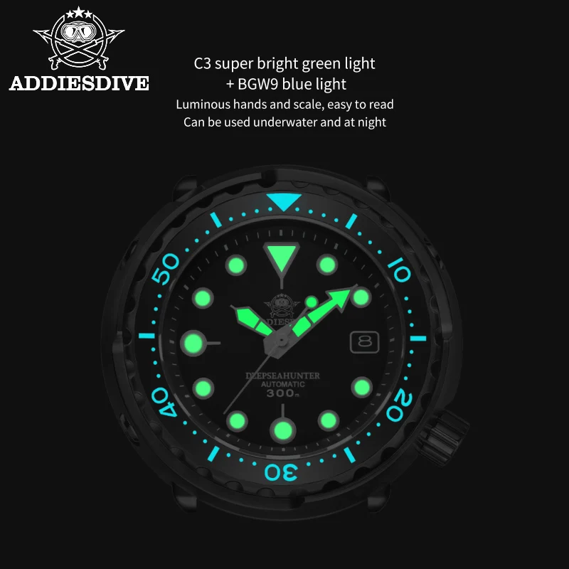 Addies Dive Men\'s Black tuna watch  Stainless Steel Japan NH35 Movement Diver Watch Waterproof BGW9 Luminous Automatic Watches