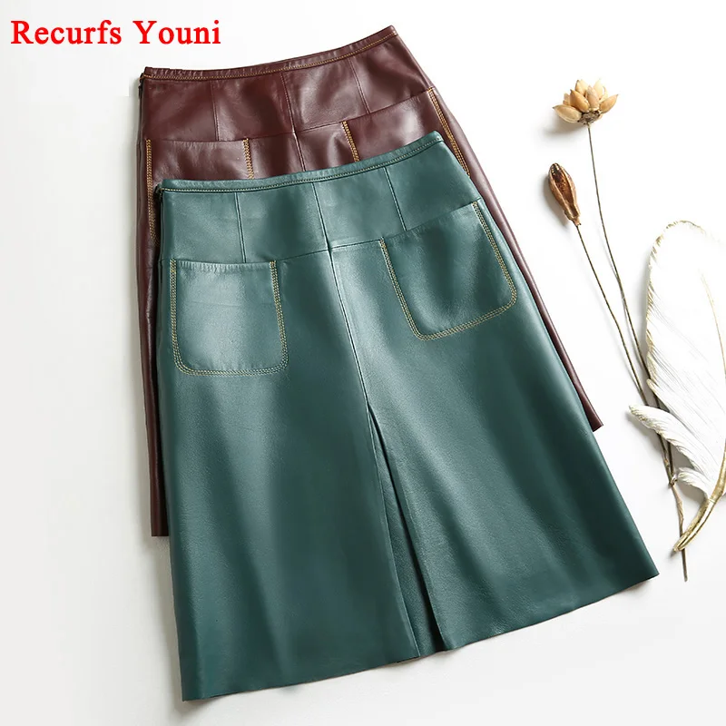 Stylish Women Genuine Leather Skirt Female Slit Pockets Sewing High Waist Jupe Mujer A-line Mid-Length Wine Red/Blue Chic Faldas