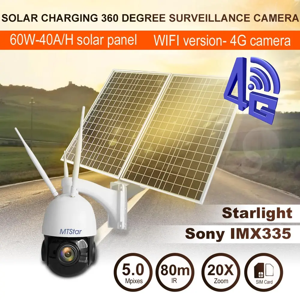 MTStar 5MP 20X Zoom 4G 3G WIFI Outdoor Stralight PTZ Security Camera With 60W 40AH Solar Power 100m IR