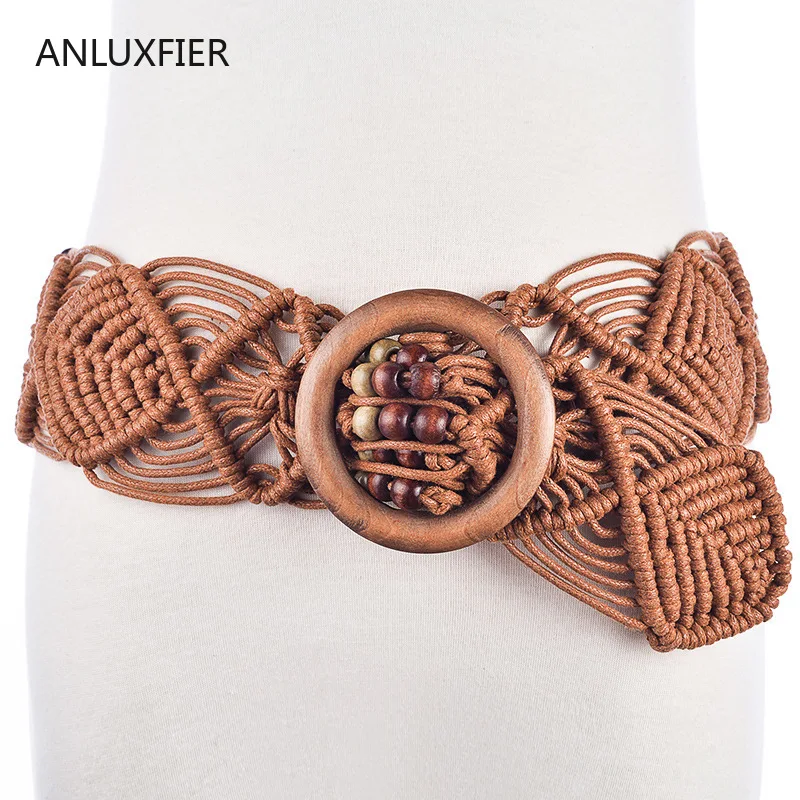 

H9841 Women Waist Belt Handmade Wax Rope Woven Wooden Buckle Wood Bead Girl Waist Seal National Style Vintage Female Cummerbunds