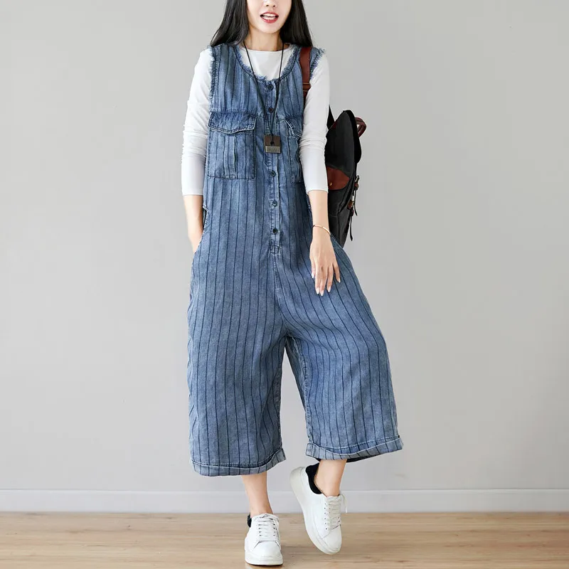 Summer Sleeveless Jean Jumpsuits Baggy Button pocket Cowboy Wide Leg Overalls Fashion Casual Rompers Female Loose Denim Bodysuit