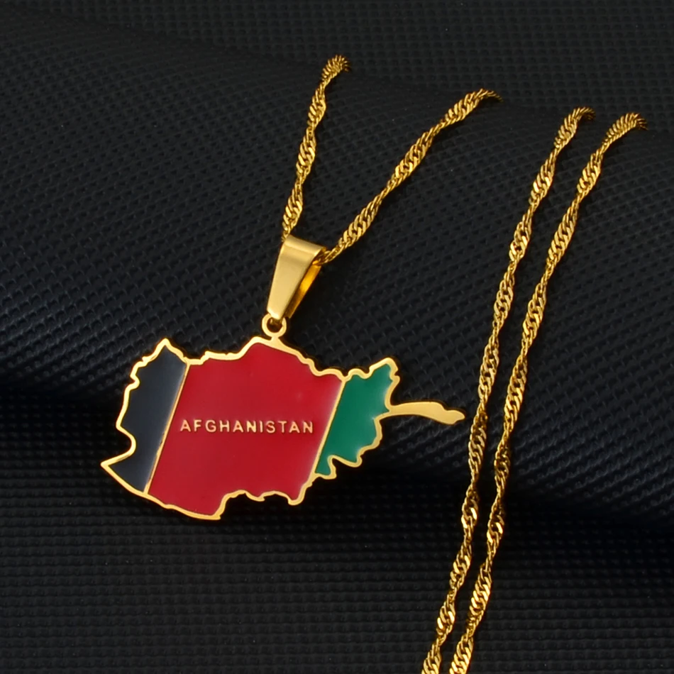 Anniyo Afghanistan Map Flag Pendant Chains Necklaces Afghan Jewelry for Women Men Girls #209221