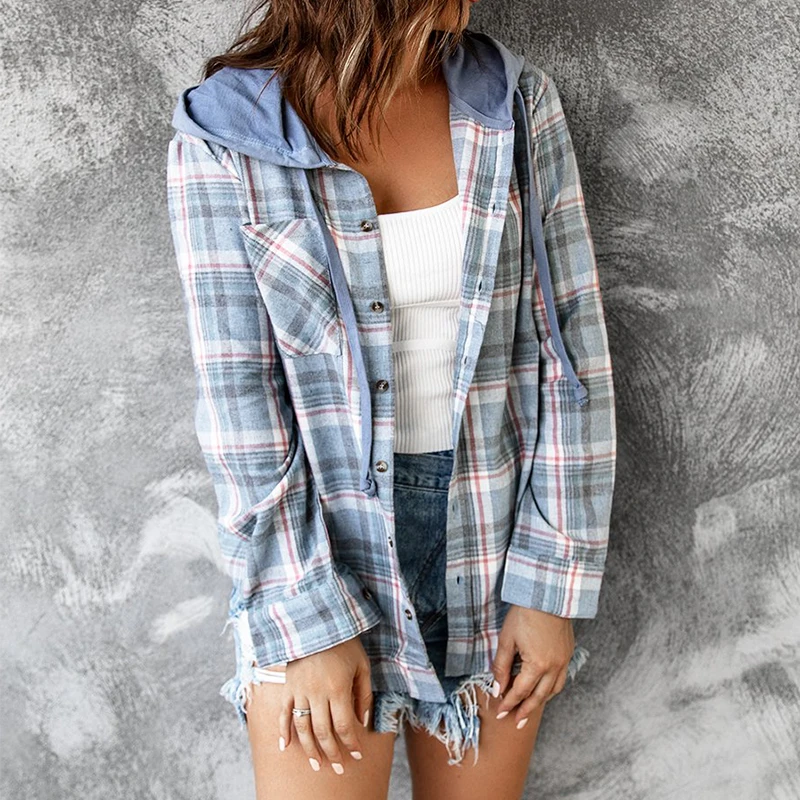 Yangelo 2021 Autumn Winter Street New Design Hooded Loose Women\'s Plaid Coat Cottagecore Girl Cardigan Shirt Button Tops