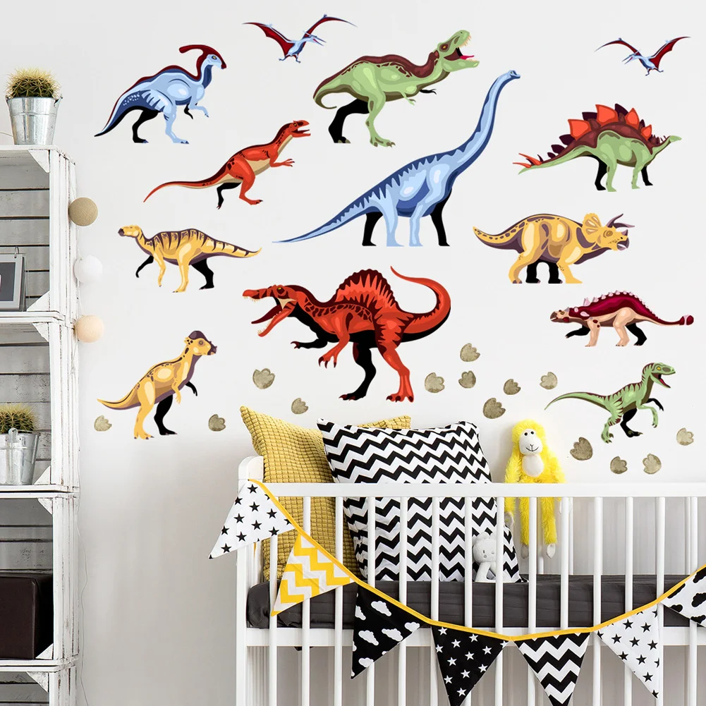الكرتون الديناصورات ملصقات جدار للأطفال غرفة خلفية للزينة خلفية غرفة نوم الطفل ديكور المنزل ذاتية اللصق DIY الشارات #3