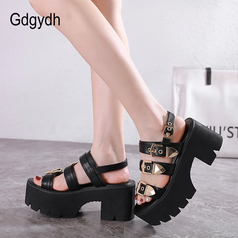 Gdgydh Sexy Gold Buckle Chunky Heel High Platform Sandals for Women Punk Goth Shoes Backless Ankle Strap Open Toe