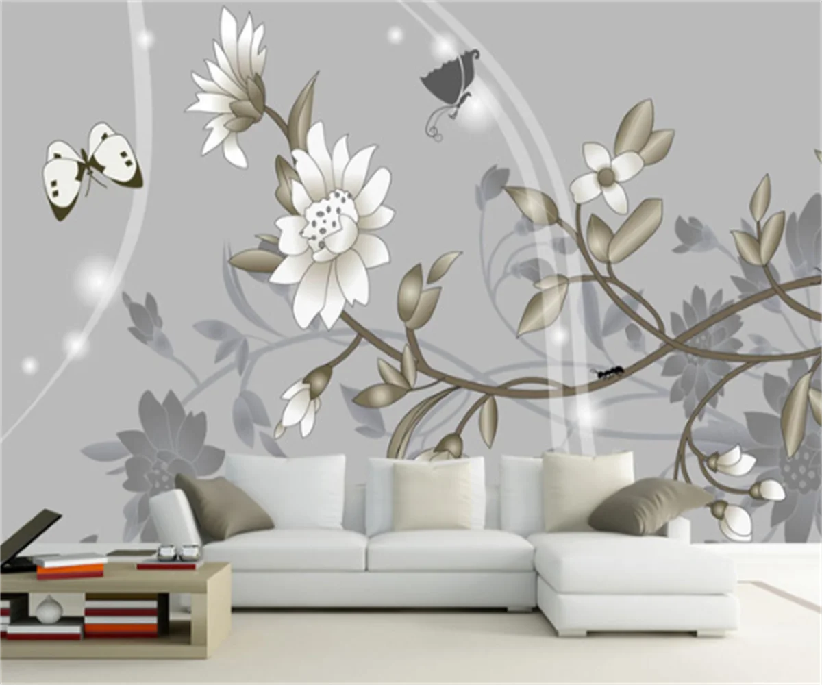 American living room gray tone floral pattern butterfly sofa TV background wall photo home custom wallpaper photo mural