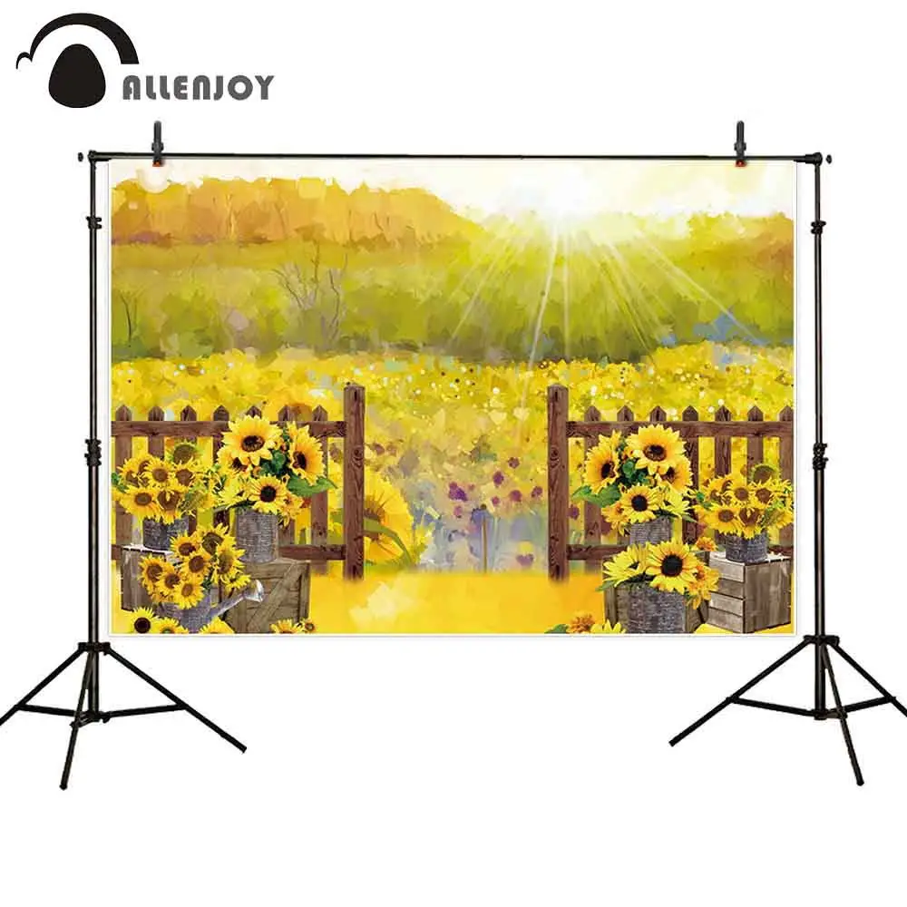 

Allenjoy photophone backdrop Autumn sunflower watercolor painting children garden fence background photography studio photobooth