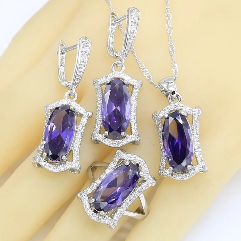 Geometric Purple Zircon Silver Color Wedding Jewelry Sets For Women Necklace Pendant Earrings Rings Bracelet Gift Box