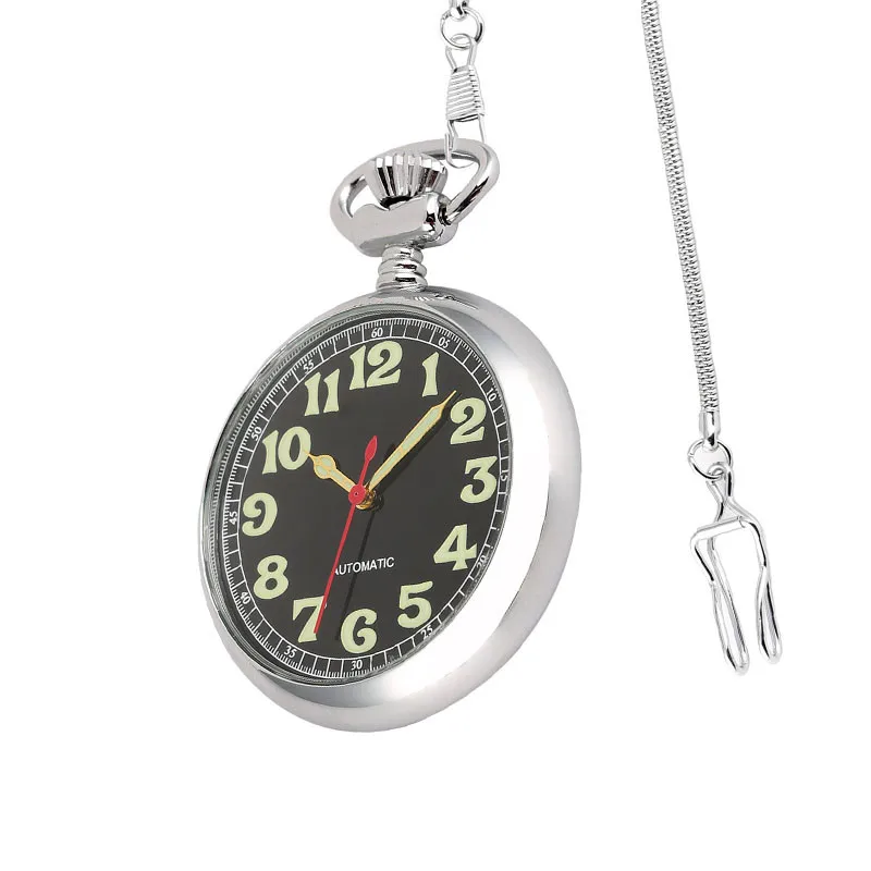 Luminous Arabic Numerals Display Mechanical Self Winding Pocket Watch Exquisite Silver Retro Pendant Clock with 30 cm Fob Pocket