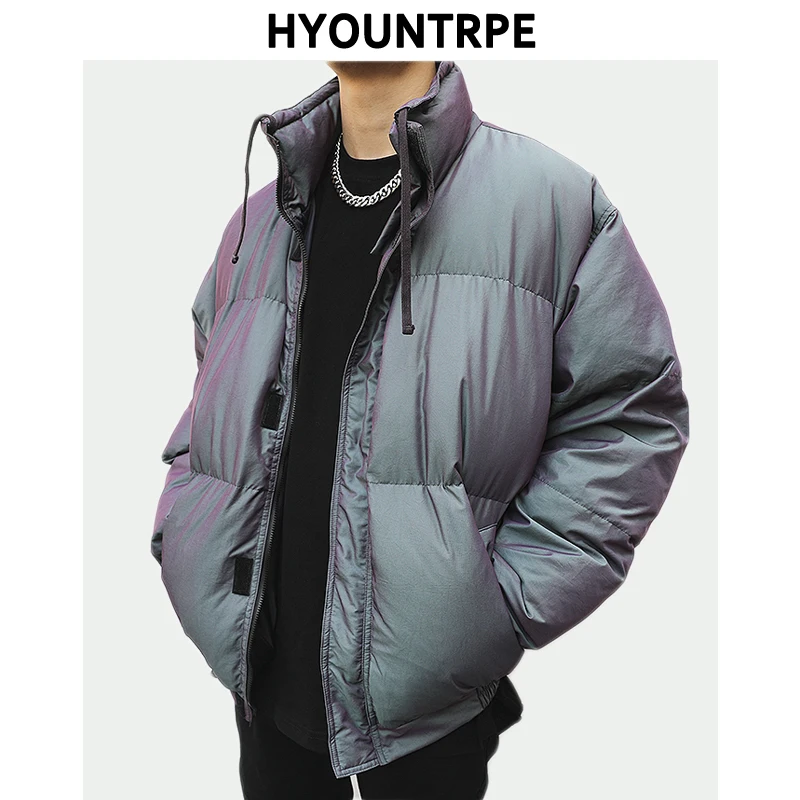 

Mens Reflective Jackets and Coats Casual Zipper Stand-collar Warm Cotton Padded Bomber Outerwear Hip Hop Streetwear Winter Coat