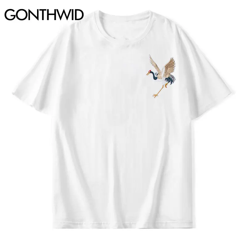 GONTHWID Harajuku Embroidery Crane Tees Shirts Mens 2024 Hip Hop Streetwear Tshirts Summer Fashion Casual Short Sleeve Tops Male