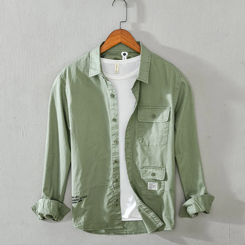 

100% Cotton long sleeve overalls pocket shirts men brand army green shirt for men casual trendy tops chemise camisas de hombre
