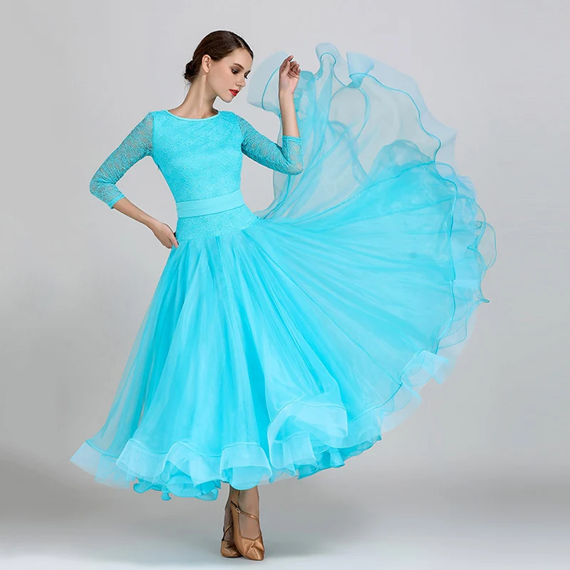 Black Lake Blue Ballroom Dance Dress Lace Standard Women Competition Modern Dancewear Costume Big Swing Waltz Practice Clothes