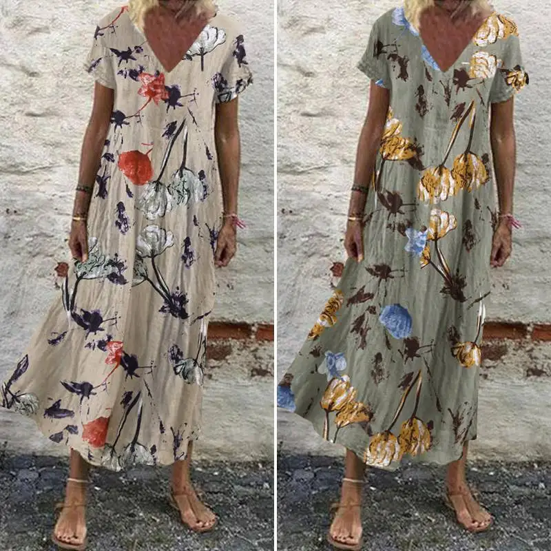 ZANZEA 2023 lato Floral wydrukowano Maxi sukienka kobiety w stylu Vintage V Neck krótki rękaw Sundress ponadgabarytowych czeski plaża Vestidos Femme