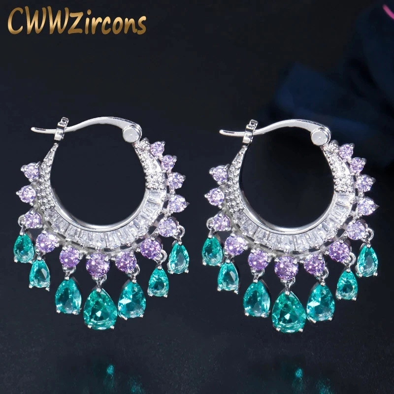 CWWZircons elegancki fioletowy niebieski CZ kryształ dynda Water Drop Tassel Hoop kolczyki moda ślubna dla nowożeńców biżuteria Boho CZ741