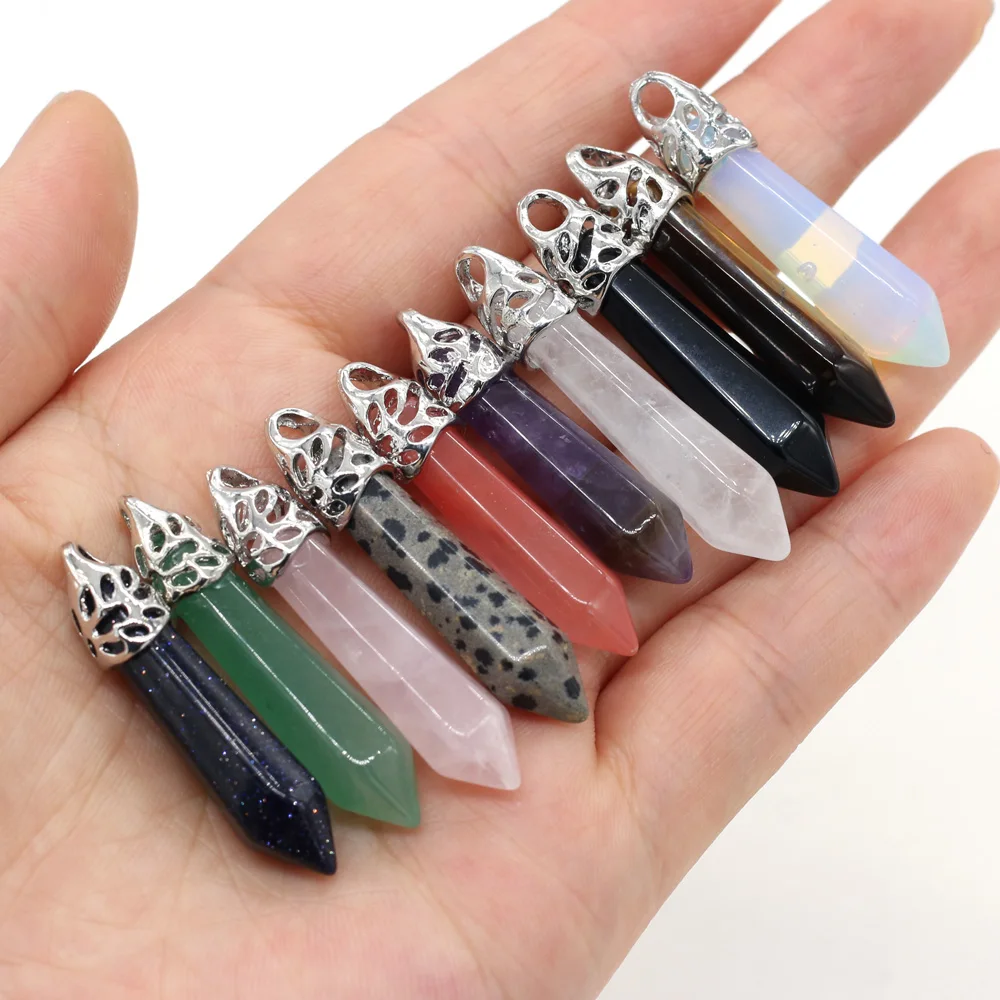 1pc Natural Tiger Eye Stones Rose Quartz Pendant White Crystal Columnar Pendant Charms for Jewelry Necklace Making Necklace Gift