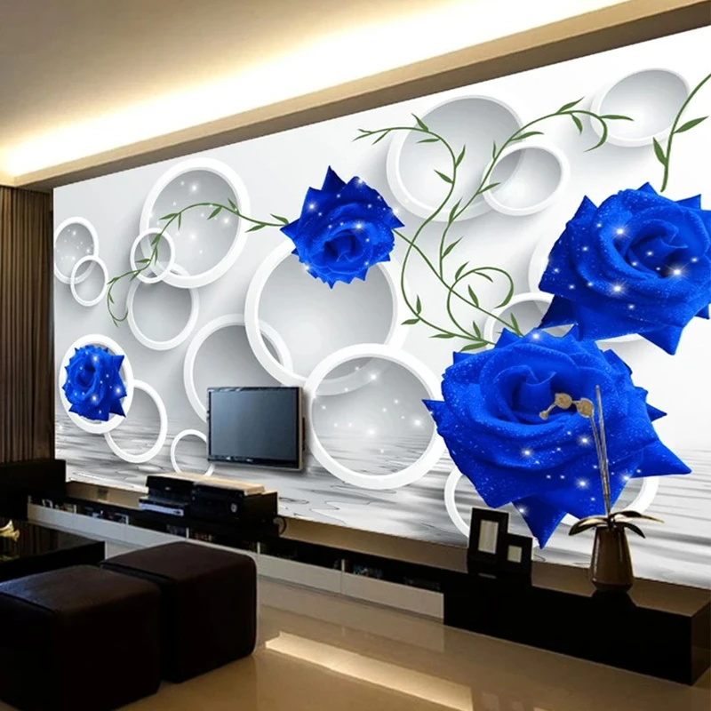 3D Stereo Circle Blue Roses Mural Wallpaper Living Room TV Sofa Bedroom Home Decor Background Painting Home Decor 3D Sickers