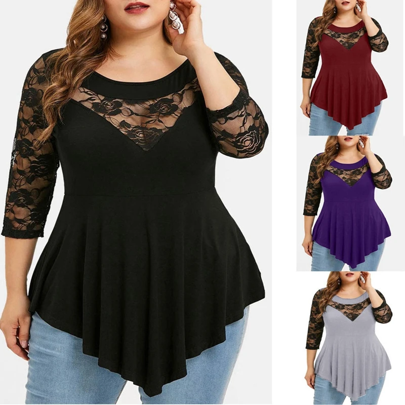 

Summer plus size fashion T-shirt 5XL 6XL 7XL ladies new flower sexy lace irregular perspective round neck T-shirt