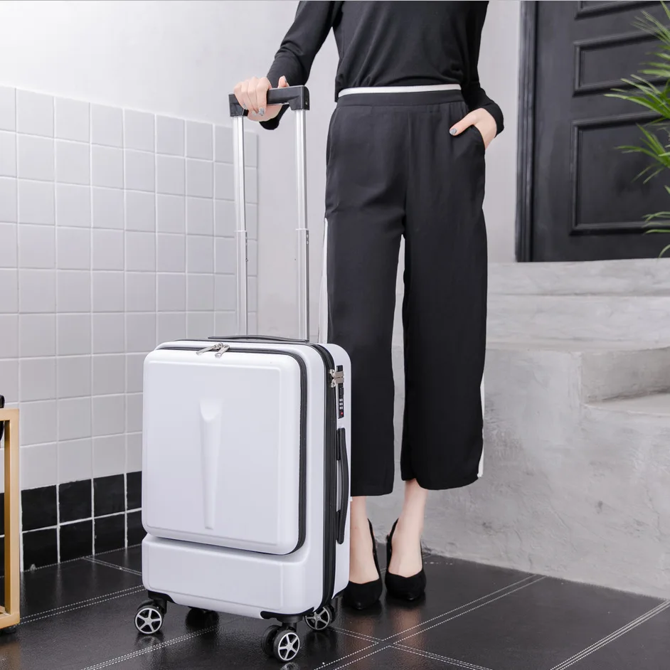 Creatieve Rollende Bagage Spinner Koffer Front Opening Computertas Mannen Trolley Vrouwen Reistassen 20 "24" Cabine Wachtwoord Koffer