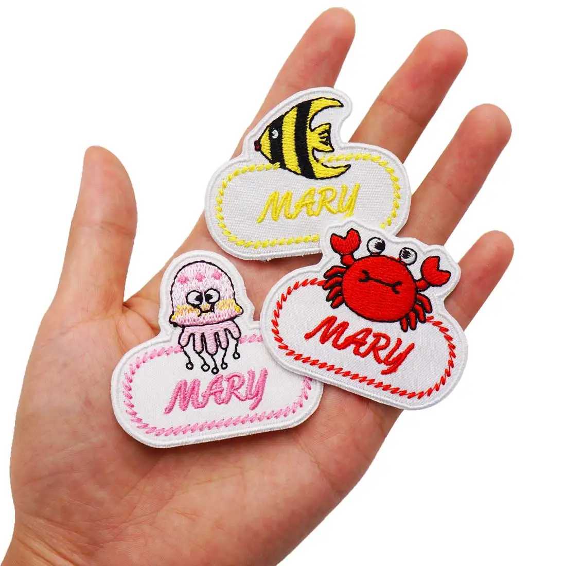 Custom Kids Name Uniforms Patch Cartoon Sea Animal Crab Jellyfish Embroidery Kindergarten Baby Name Badge Applique