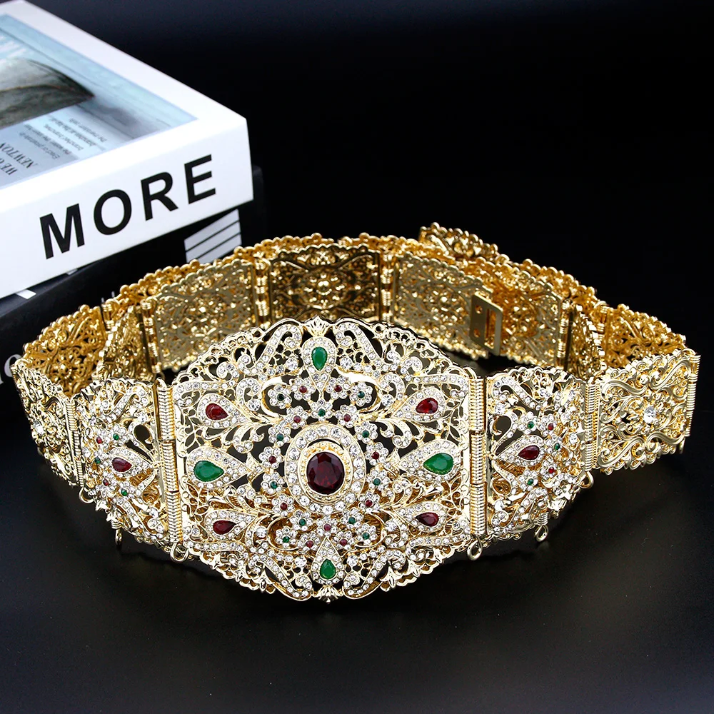 Sunspicems Brede Marokko Riem Voor Vrouwen Caftan Jurk Taille Ketting Goud Kleur Arabische Bruiloft Lichaam Sieraden Kristallen Riem Bruidscadeau