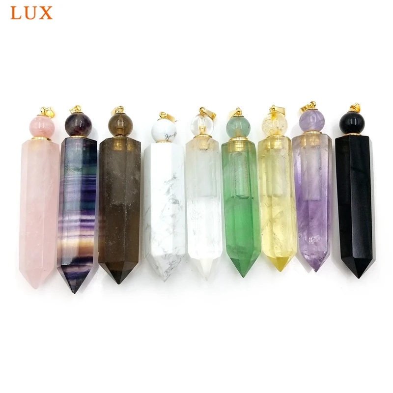 Natural Crystal Perfume Bottle Pendant, Hexagon Prism Diffuser, Quartz Vial Charm for Necklace Making, Citrine/Fluorite/Howlite