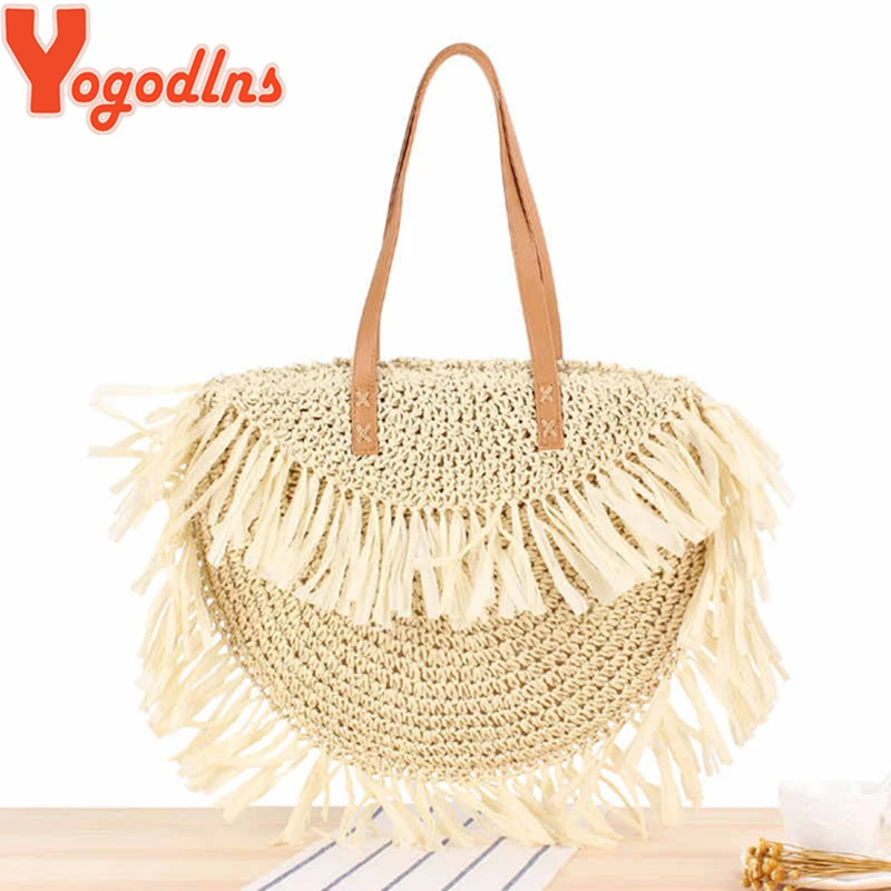 Bohemian Round Tassel Straw Bags Rattan Women Crossbody Bags Wicker Lady Shoulder Bag Small Purses Summer Beach Bags