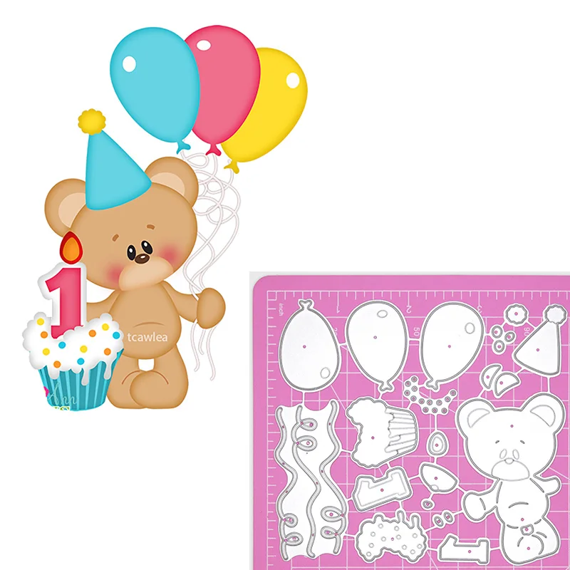 1st Birthday Cake Balloon Bear Cutting Dies Baby Gift Card Making Metal Stencil For DIY Scrapbooking Craft Postcard